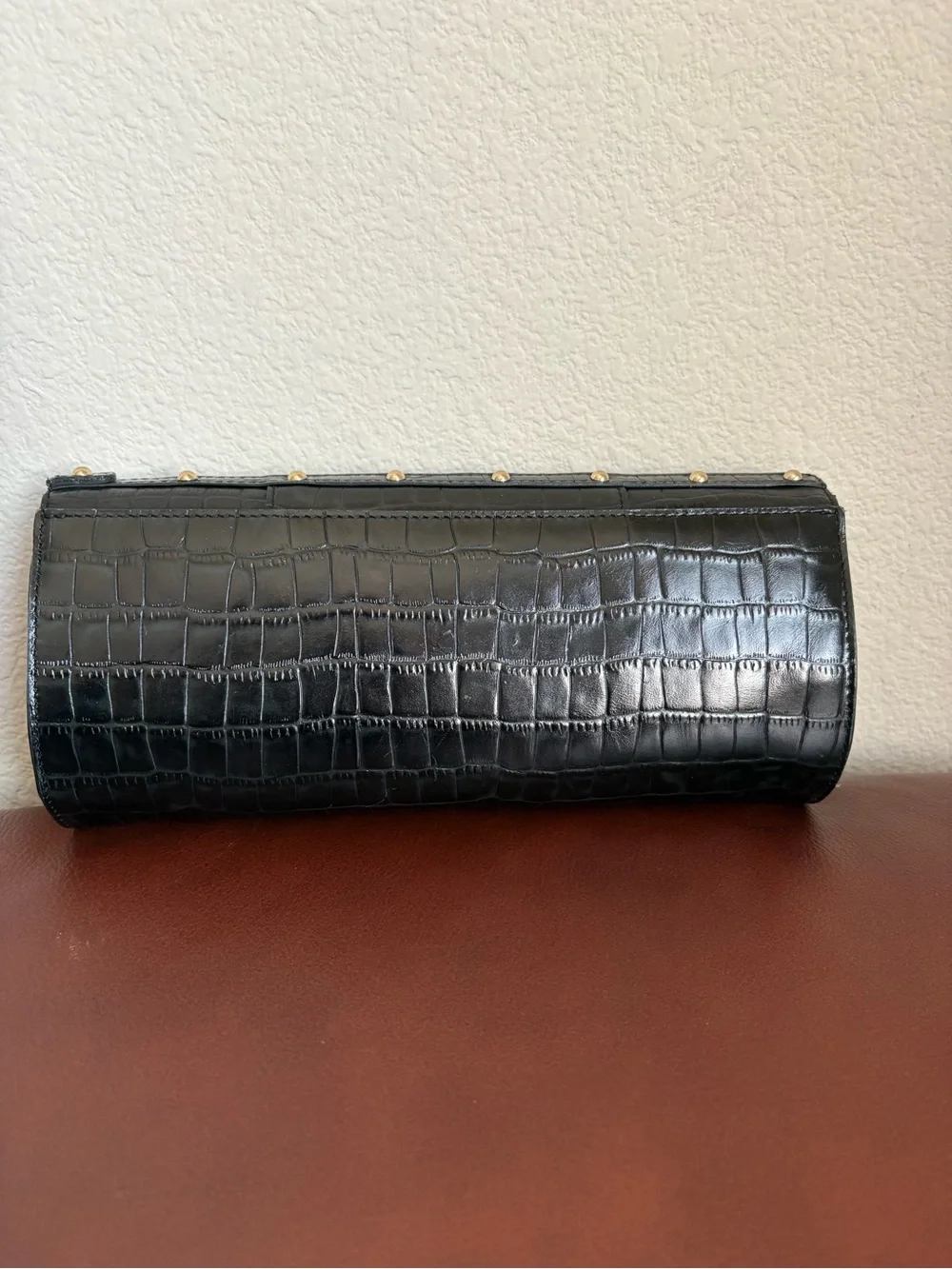 Charles David Black Croc-Embossed Leather Clutch with Gold Hardware